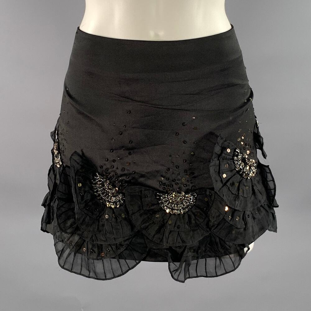 KAREN MILLEN Size 10 Black Silk Blend Ruffled Mini Skirt